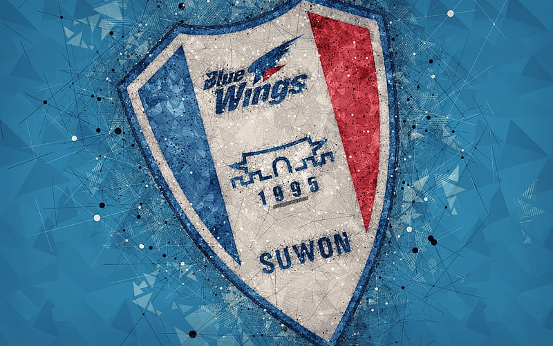 Suwon Samsung Bluewings FC logo, geometric art, emblem, blue abstract background, South Korean professional football club, K League 1, Suwon, South Korea, football, creative art, HD wallpaper