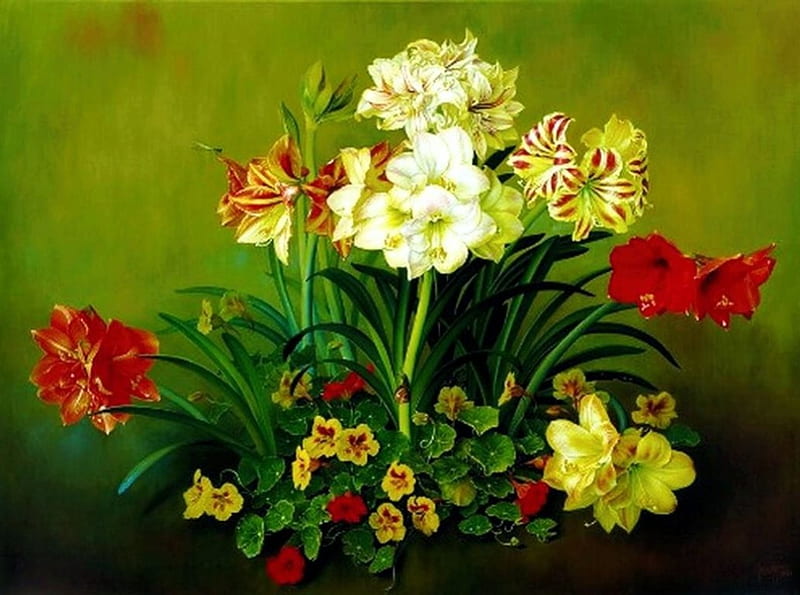Summer Flowers, lillies, painting, blossoms, colors, nasturtium, petals, artwork, HD wallpaper