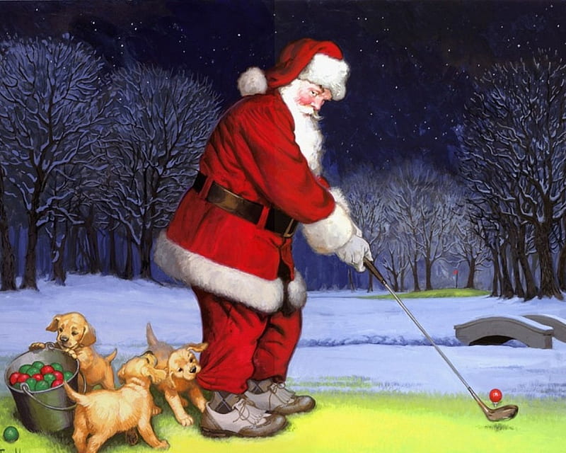 Golfer Santa, ball, christmas, painting, artwork, dog, HD wallpaper