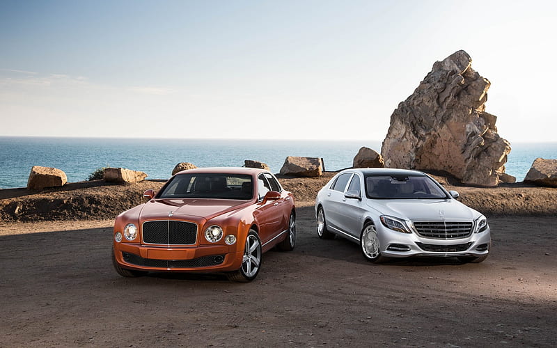Bentley Mulsanne, 2018, Mercedes-Maybach S650, silver W222, luxury cars, exterior, orange Mulsanne, HD wallpaper