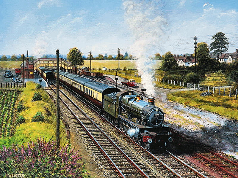 A Saint at Radley - Train F2, railroad, art, webster, artwork, radley, train, painting, station, peter webster, scenery, landscape, HD wallpaper