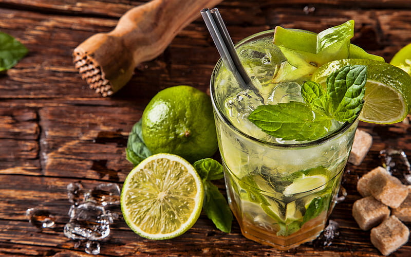 Mojito soft drinks, cocktails, lemon and mint, ice drinks, glass with drink, HD wallpaper