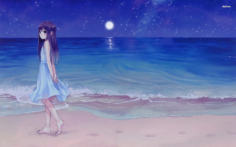 On the Moonlit, pretty, dress, sweet, beach, nice, moon, anime, anime girl, long hair, blue eyes, night, stars, female, brown hair, sky, cute, cool, coolawesome, awesome, landscape, HD wallpaper