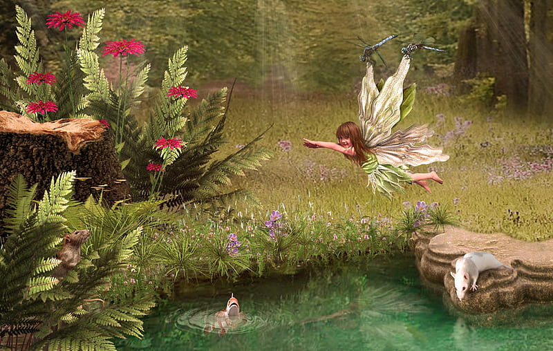 Learning to fly, fish, fantasy, green, dragonfly, child, fairy, blue, forest, luminos, creative, lake, water, needcaffine, girl, mouse, flower, summer, copil, HD wallpaper