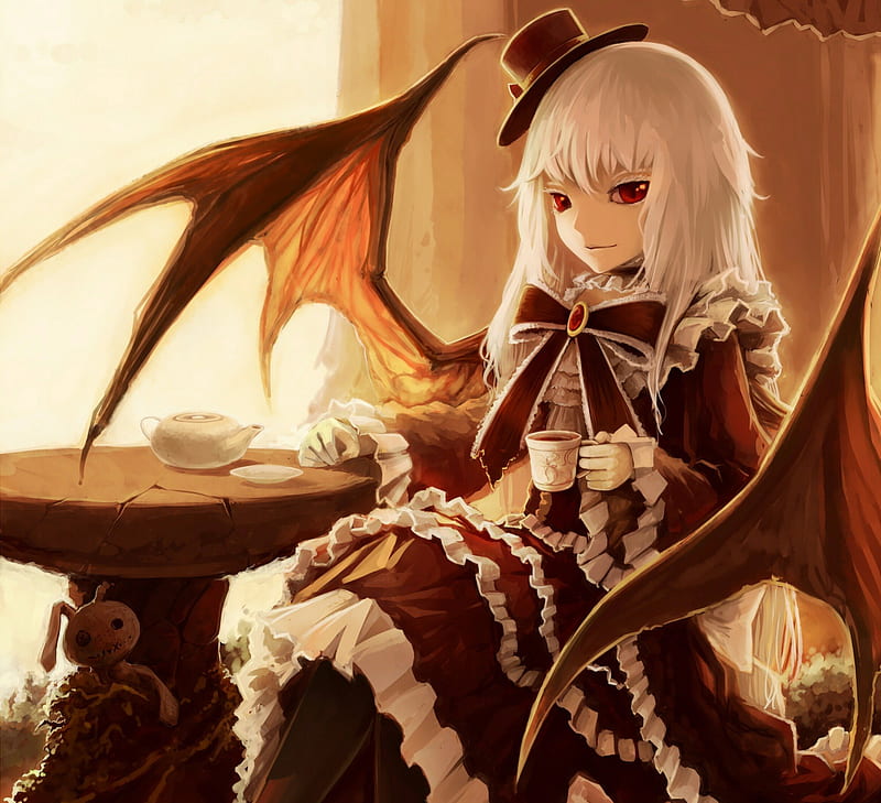 Bat Wings, dress, evil, horror, wing, creepy, scare, anime, gloomy, scary, hot, anime girl, long hair, table, female, wings, ribbon, gown, gloom, sexy, cute, girl, creep, cup, sinister, devil, red eyes, HD wallpaper