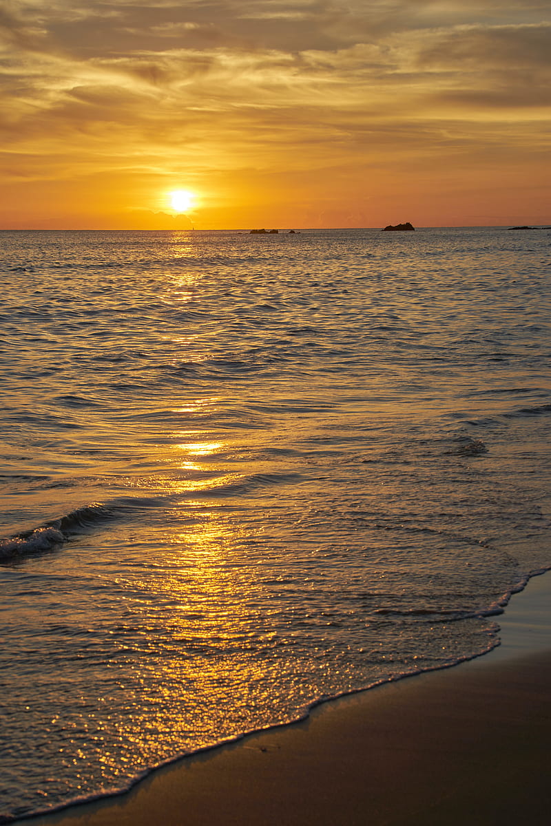 sun, sunset, beach, sea, waves, HD phone wallpaper