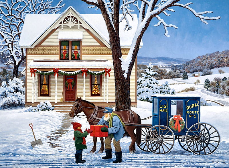 Mailman Brings Special Delivery F1C, Christmas, mailman, December, equine, box, illustration, artwork, painting, wide screen, scenery, art, present, holiday, mail, horse, winter, boy, snow, occasion, HD wallpaper