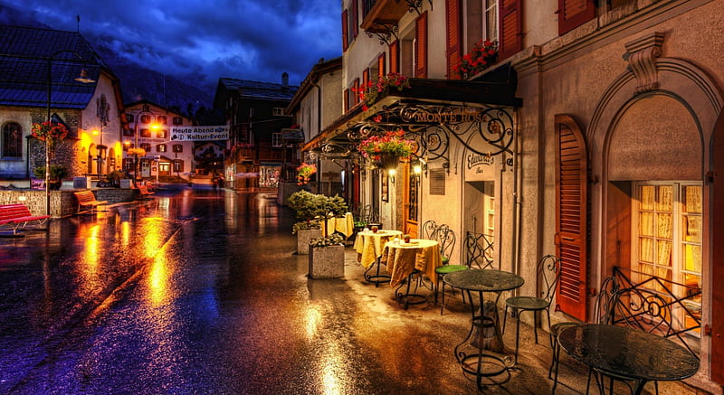 Evening in the Alps, bars, cafes, restaurants, shops, evening, alps, street, HD wallpaper