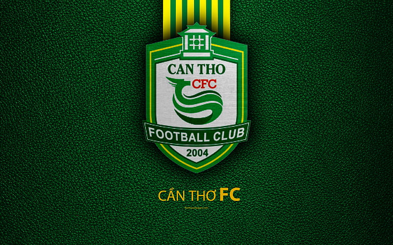XSKT Can Tho FC leather texture, logo, Vietnamese football club, green yellow lines, emblem, creative art, V-League 1, Can Tho, Vietnam, football, HD wallpaper