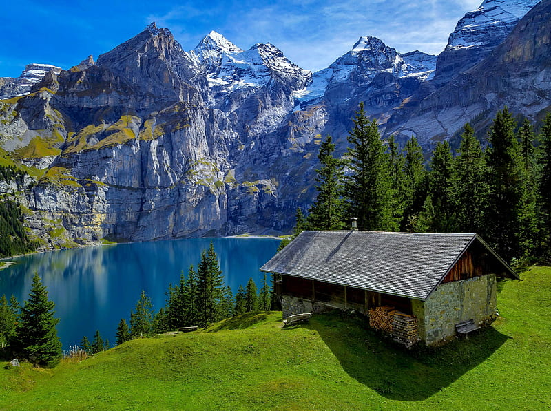 Swiss scenery, rocks, hut, view, grass, bonito, cabin, sky, switzerland, lake, swiss, summer, reflection, scenery, landscape, HD wallpaper