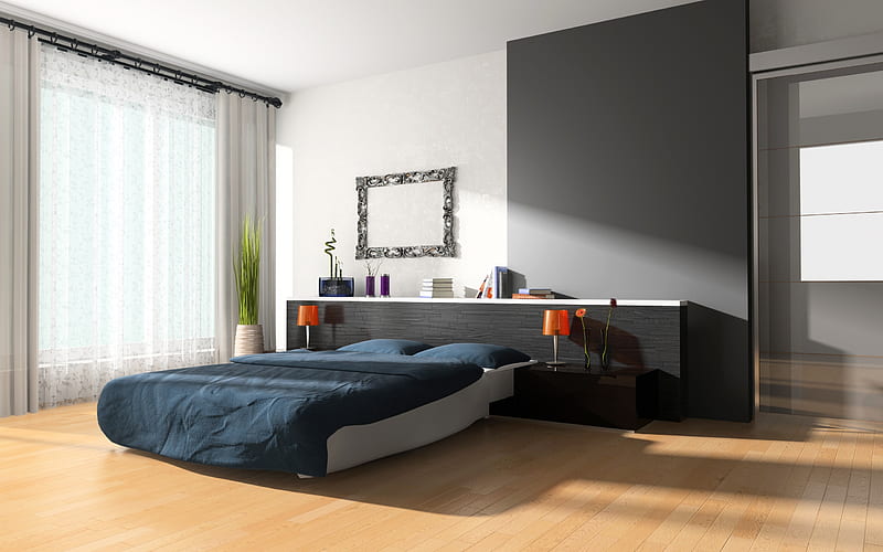 stylish bedroom interior, minimalism, modern design, white gray bedroom, modern interior design, HD wallpaper