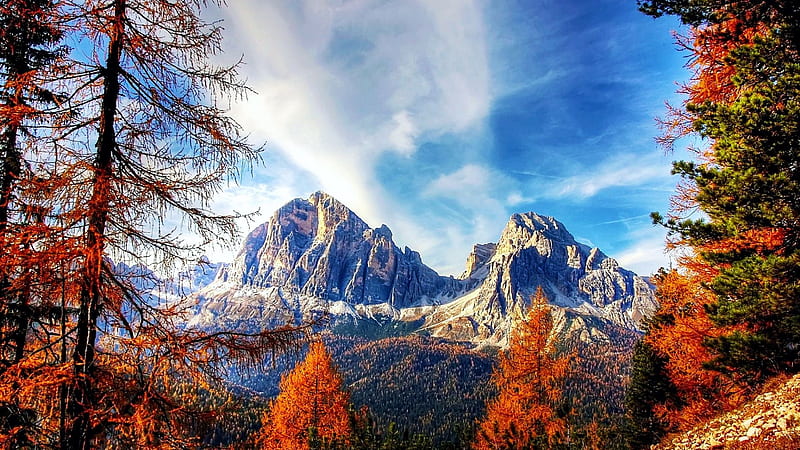 Autumn in the Dolomites, Italy, leaves, peaks, fall, colors, landscape, trees, sky, alps, clouds, HD wallpaper