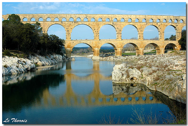 Languedoc-Roussillon France, architecture, rocks, scenic, trees, europe, water, bridge, tourissm, landscape, HD wallpaper