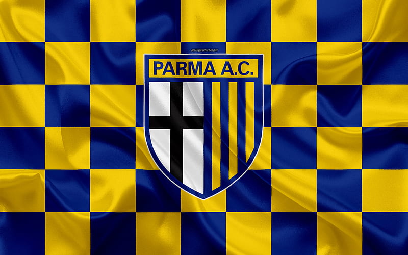 Parma FC logo, creative art, yellow-blue checkered flag, Italian football club, emblem, silk texture, Parma Calcio 1913, Serie A, Parma, Italy, HD wallpaper