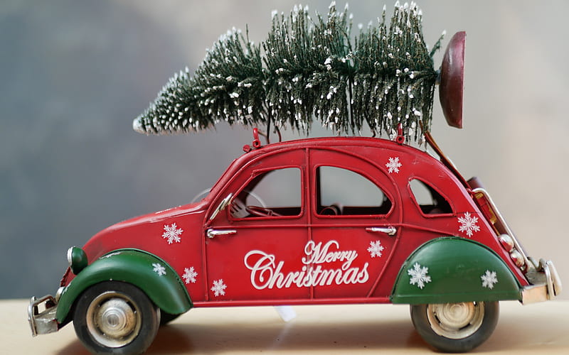 Merry Christmas, Happy New Year, car with a tree on the roof, Christmas greeting card background, christmas tree delivery, Christmas, HD wallpaper