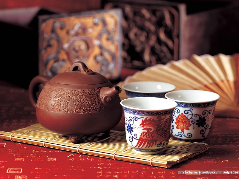 Chinese Art of Tea, decoration, 3 teacups, brown teapot, bonito, red table, HD wallpaper