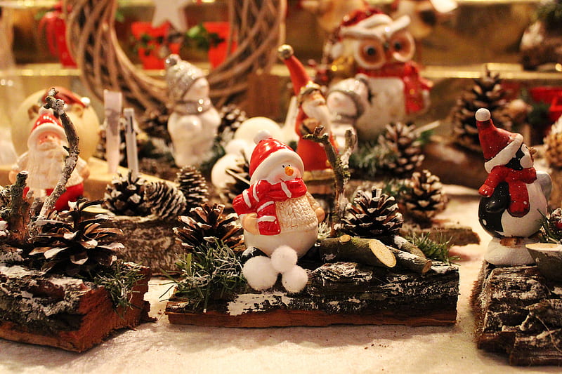 Holiday, Christmas, Christmas Market, Christmas Ornaments, Owl, Penguin, Pine Cone, Santa, Snowman, Toy, HD wallpaper