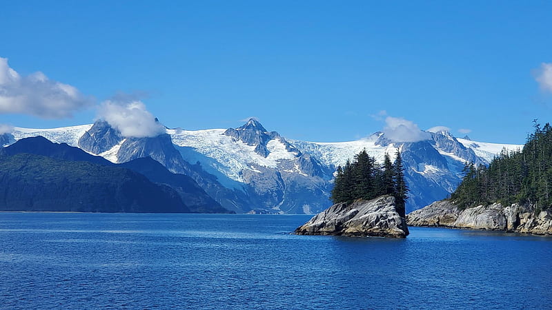 Kenai Fjords, Alaska, snow, sea, island, USA, trees, sky, HD wallpaper