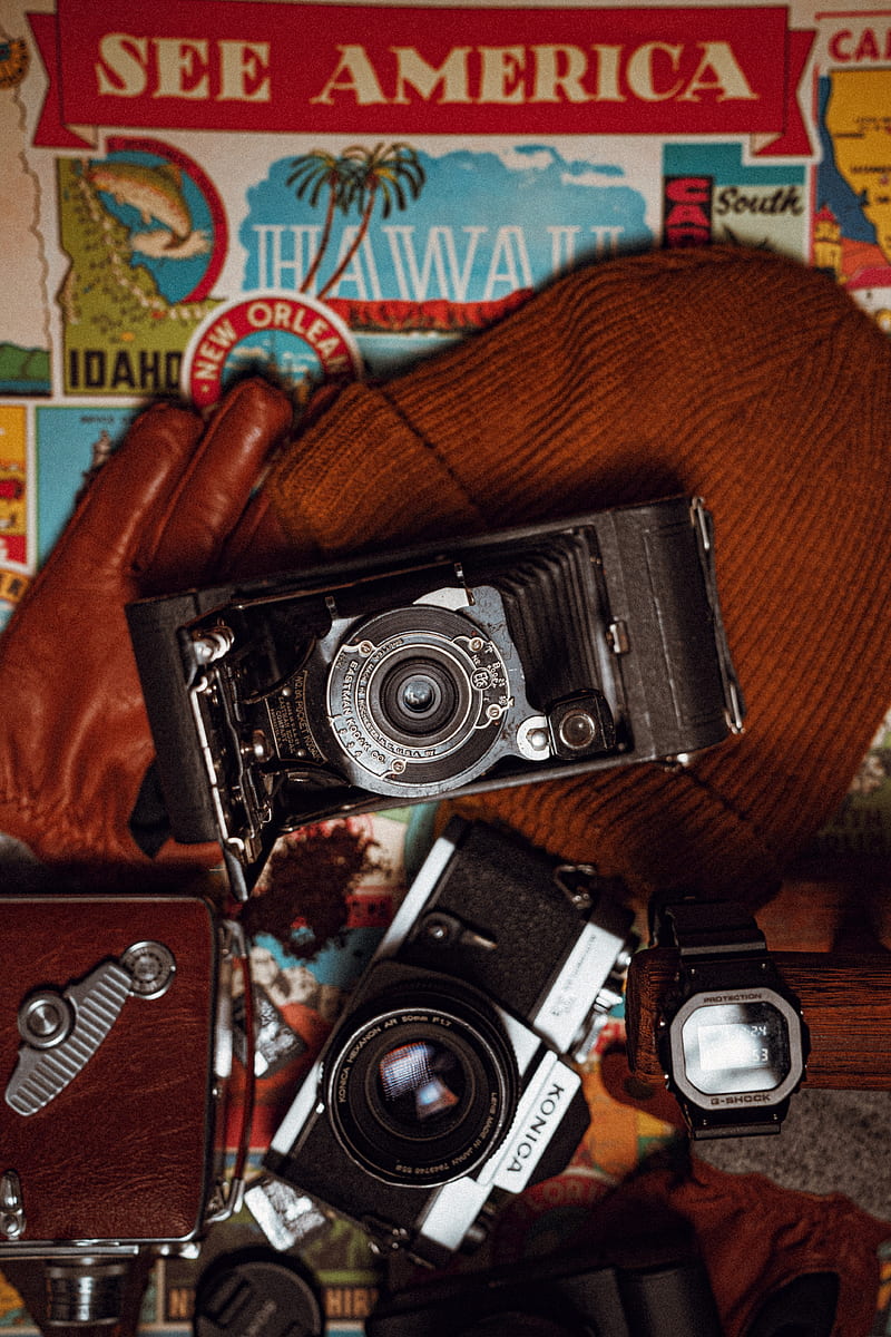 cameras, watch, hat, gloves, vintage, HD phone wallpaper