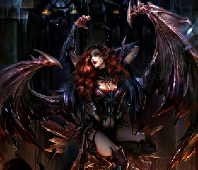 Vampire, zinnaDu, wings, redhead, legend of the cryptids, game, woman, fantasy, girl, HD wallpaper