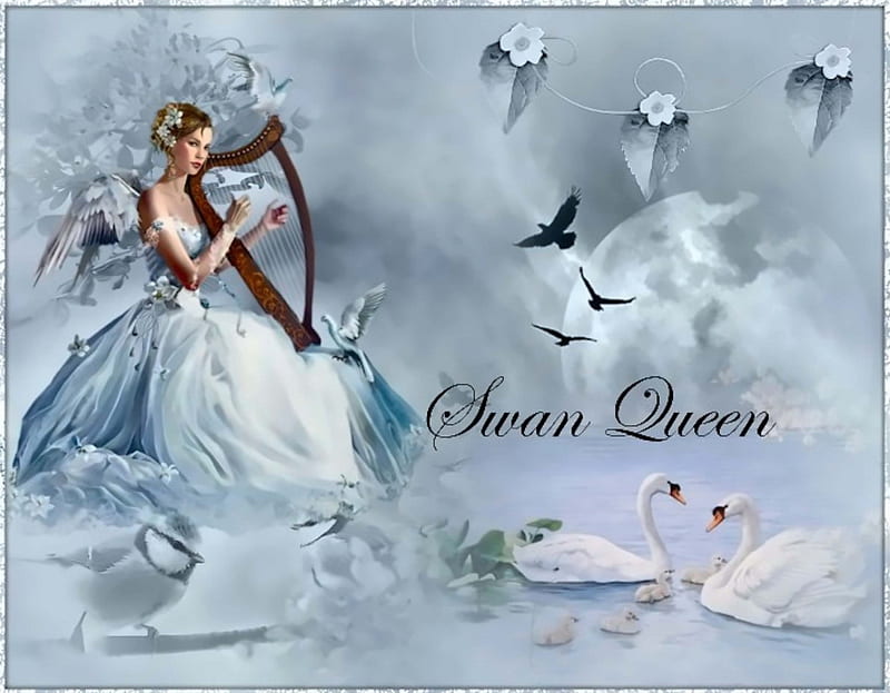 SWAN QUEEN, WINGS, FEMALE, MOON, HARP, BIRDS, FAIRY, SWAN, HD wallpaper