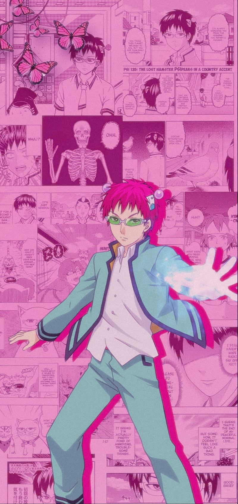 Saiki K, aesthetic, aesthetic , anime, manga, manga panels, pink, saiki kusuo, HD phone wallpaper