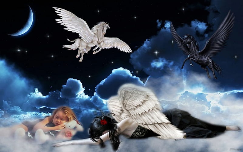 Black And White Pegasus, stars, moon, angel, flying, child, artwork, horses, HD wallpaper