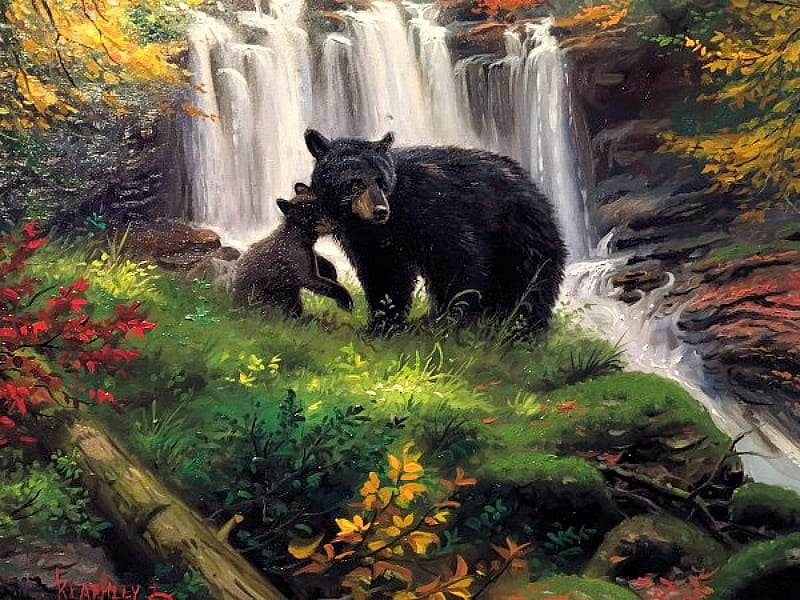 Sweet Moment, painting, waterfall, bear, nature, pup, artwork, HD wallpaper