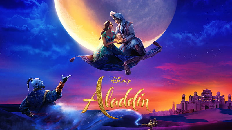 Aladdin (2019), movie, genie, disney, couple, poster, moon, jasmine, fantasy, aladdin, moon, flying carpet, HD wallpaper