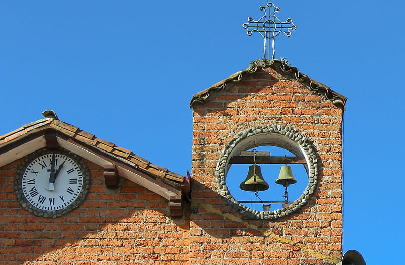 Church Bell Tower, tower, clock, cross, church, bells, HD wallpaper