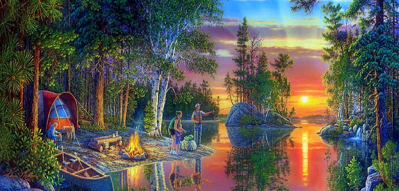 ★Camping at Sunset★, family, camping, panoramic view, attractions in dreams, bonito, seasons, paintings, boats, sunsets, landscapes, bright, evening, scenery, lakes, colors, love four seasons, creative pre-made, trees, fire, summer, nature, HD wallpaper