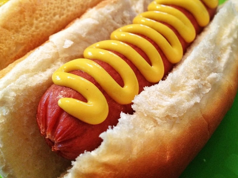 hotdog, sausage, mustard, bun, HD wallpaper