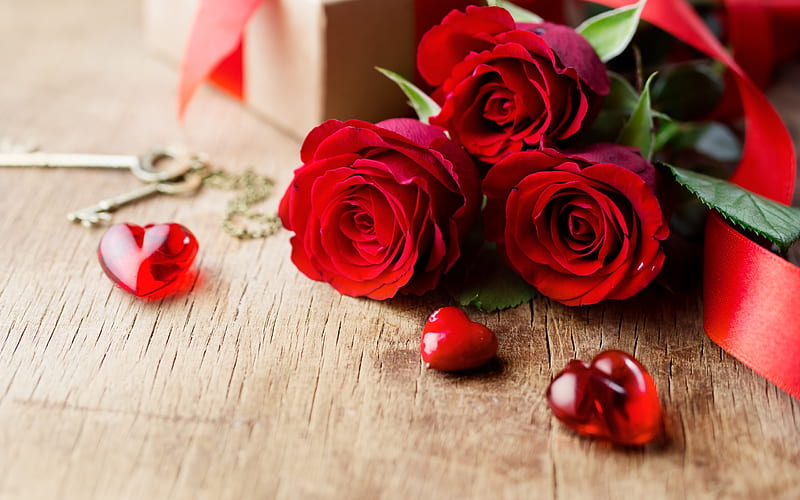 Red Roses Bouquet Of Flowers Red Hearts Valentines Day Romance