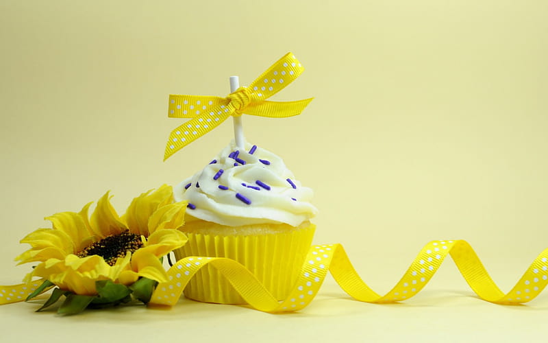 Cupcake, food, yellow, sunflower, bow, sweet, dessert, summer, white, cream, HD wallpaper