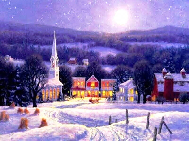 'Twas the Night Before Christmas, moon, christmas, snow, village, church, lights, winter, HD wallpaper