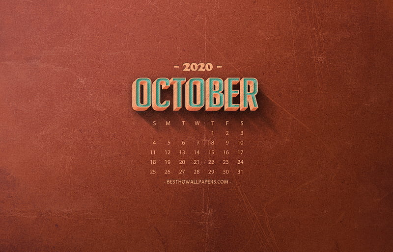 2020 October Calendar, orange retro background, 2020 autumn calendars, October 2020 Calendar, retro art, 2020 calendars, October, HD wallpaper
