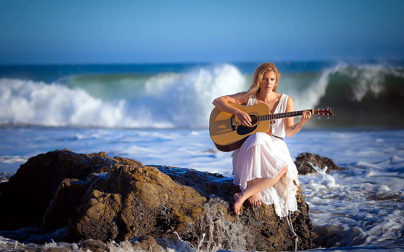 Country Woman Singing by the Sea, Woman, Blue, Guitar, Sky, Strings, bonito, White Dress, Foam, Surf, Sea, Crashing, Blonde, Waves, Rocks, HD wallpaper