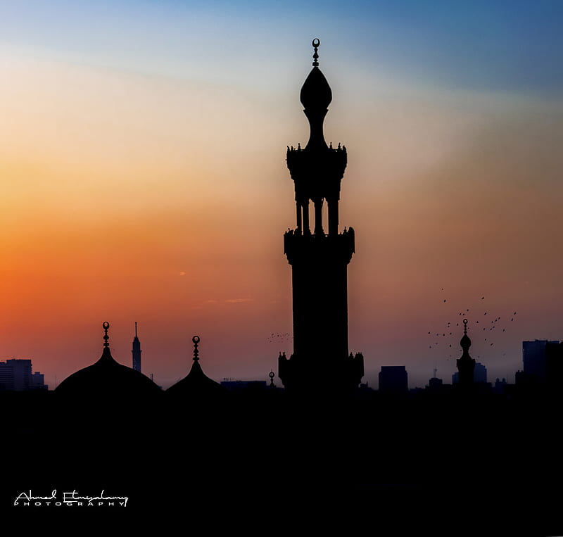 Sunset, arabian, architecture, cairo, city, egypt, lighthouse, shadow, sky, sunrise, HD wallpaper