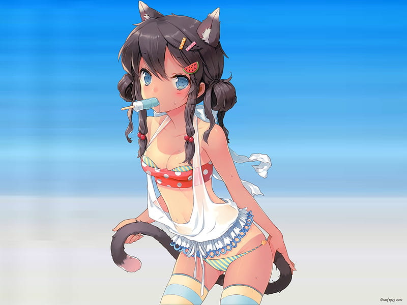 Hot Catgirl, swimsuit, catgirl, ocean, sexy, bikini, sea, cute, beach, water, hot, anime girl, HD wallpaper
