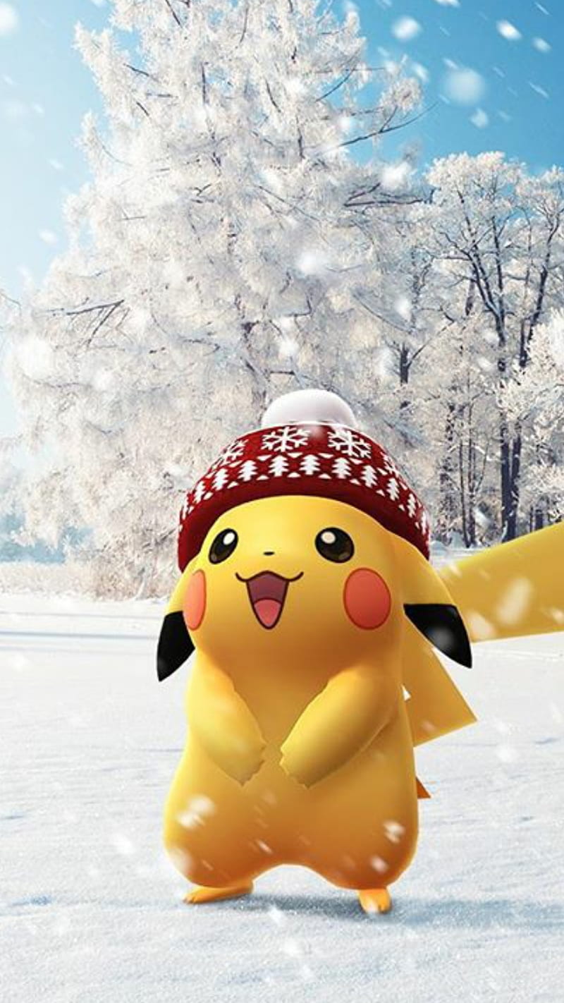winter pikachu, pokemon, pokemon go, snow, winter pokemon, HD mobile wallpaper
