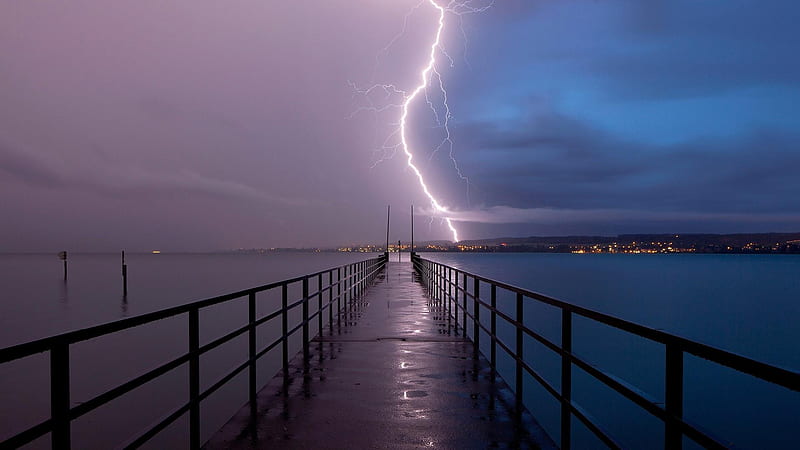 A Lightning Strike Separate the Sky, horizon, ocean, pier, thunderstorm, clouds, storm, sea, Nature, lightning, HD wallpaper