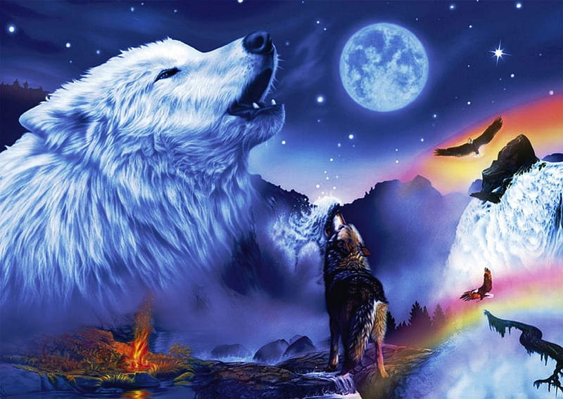 Wolf Fantasy, fire, moon, planet, colors, wolves, HD wallpaper