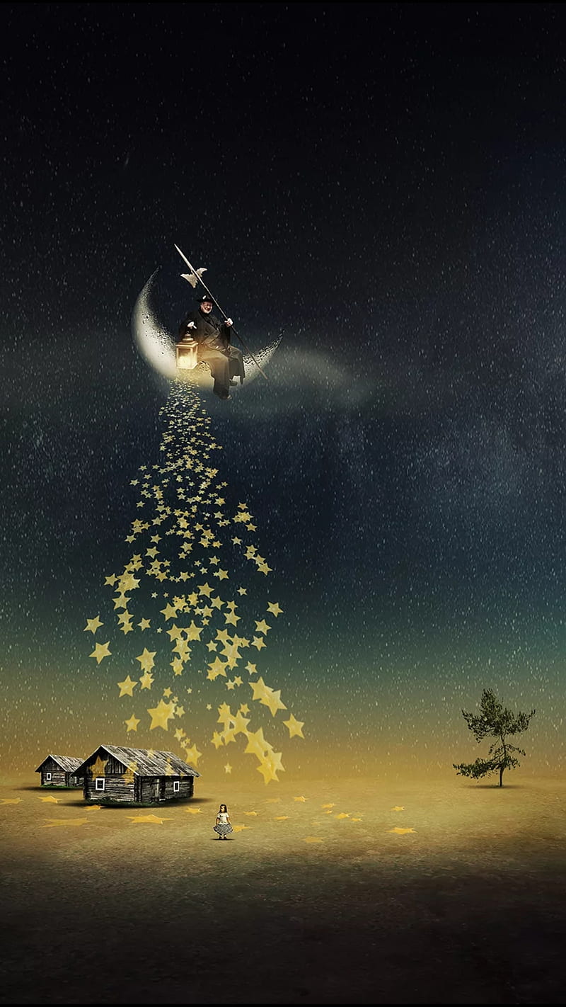 Magic, child, half moon, house, moon, night, sky, stars, wizard, HD phone  wallpaper | Peakpx