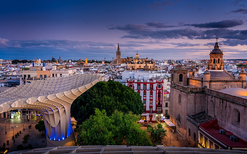 Seville, Metropol Parasol, evening, sunset, Seville cityscape, Plaza de la Encarnacion, Spain, HD wallpaper