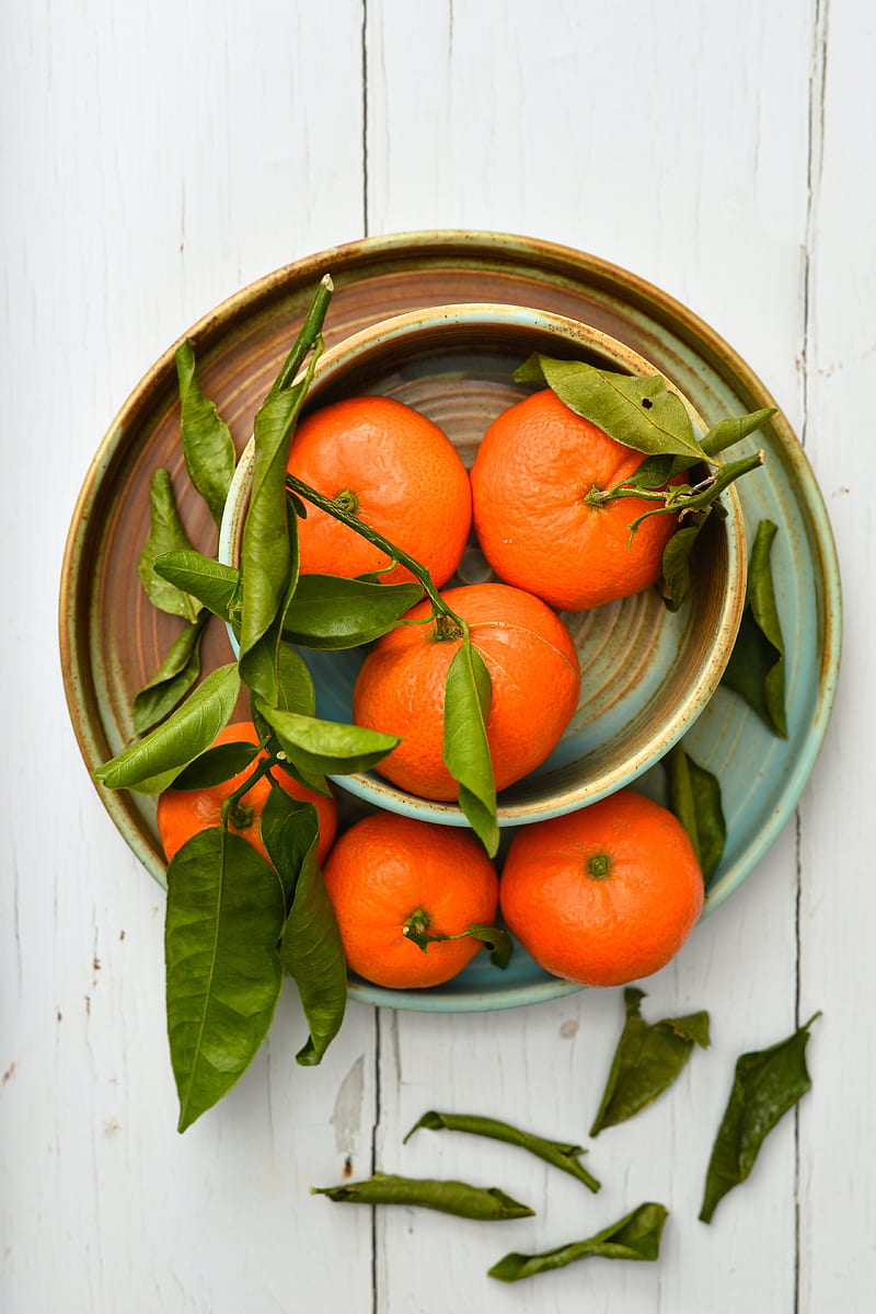 tangerines, fruits, leaves, plates, HD phone wallpaper
