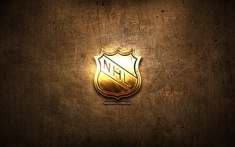 NHL golden logo, Hockey leagues, artwork, National Hockey League, brown metal background, creative, NHL logo, brands, NHL, HD wallpaper