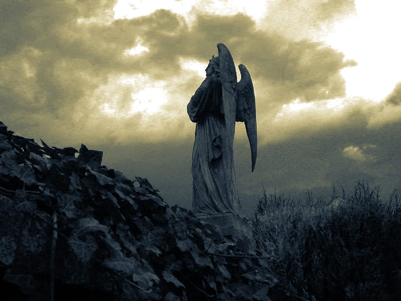 angel statue, statue, angel, clouds, overcast, hillside, sky, HD wallpaper
