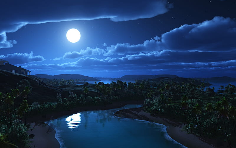Hilltop View, water, moon, blue, night, HD wallpaper