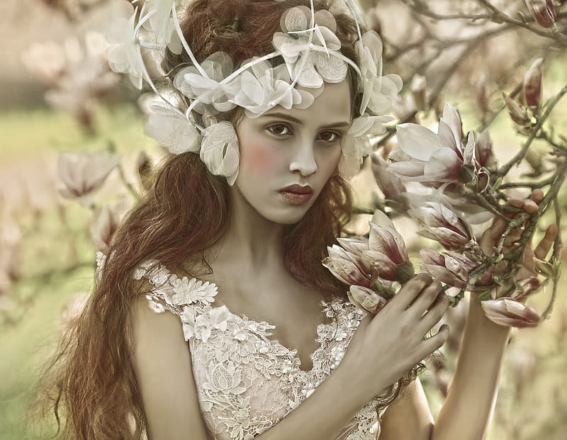 Magnolia, model, spring, woman, tale, girl, flower, white, agnieszka lorek, HD wallpaper