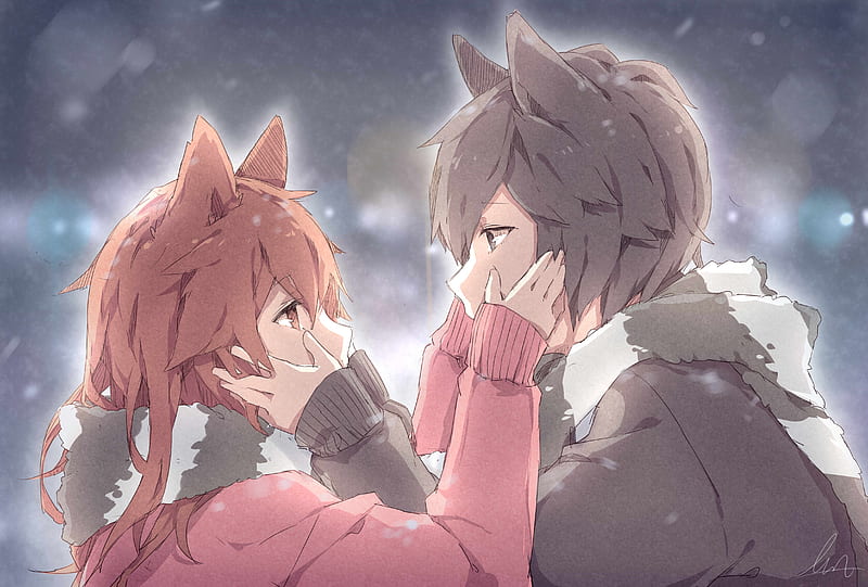 Anime couple, animal ears, romantic, profile view, Anime, HD wallpaper